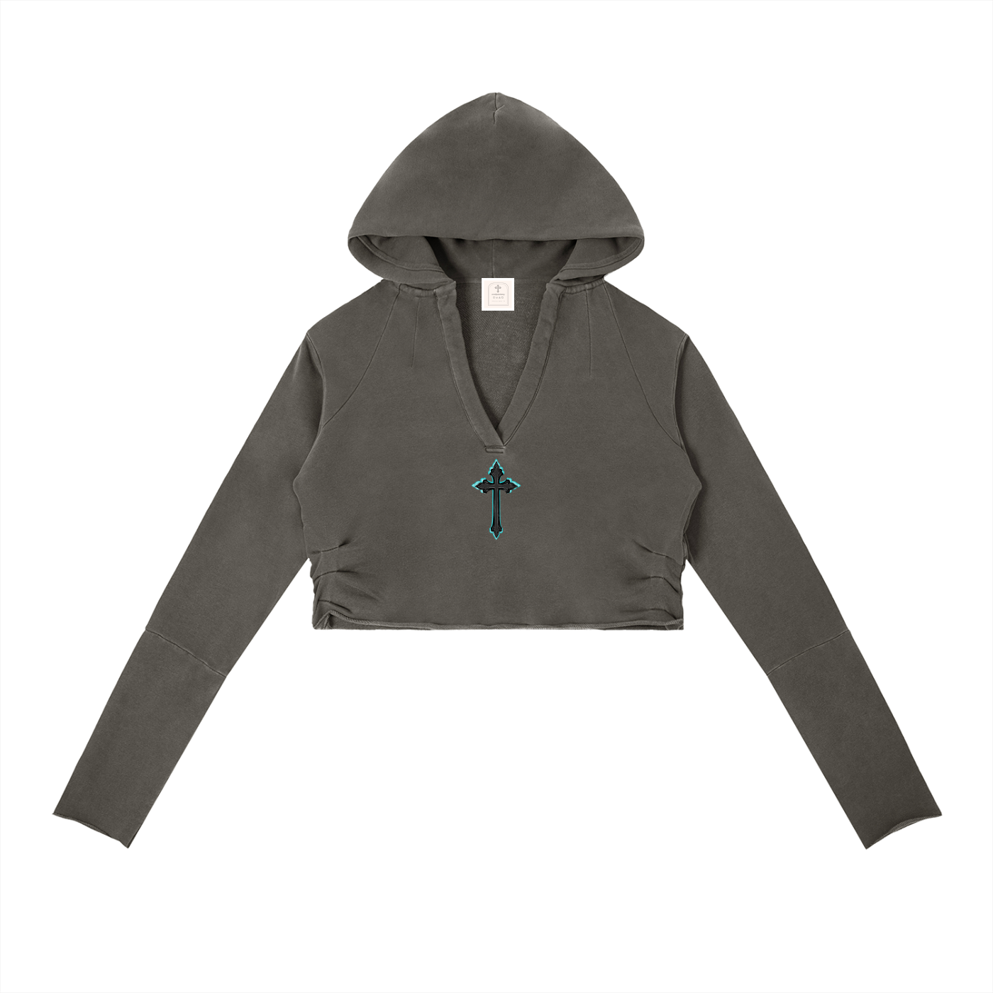 Vintage Washed Raw Edge Hoodie Cyan Cross