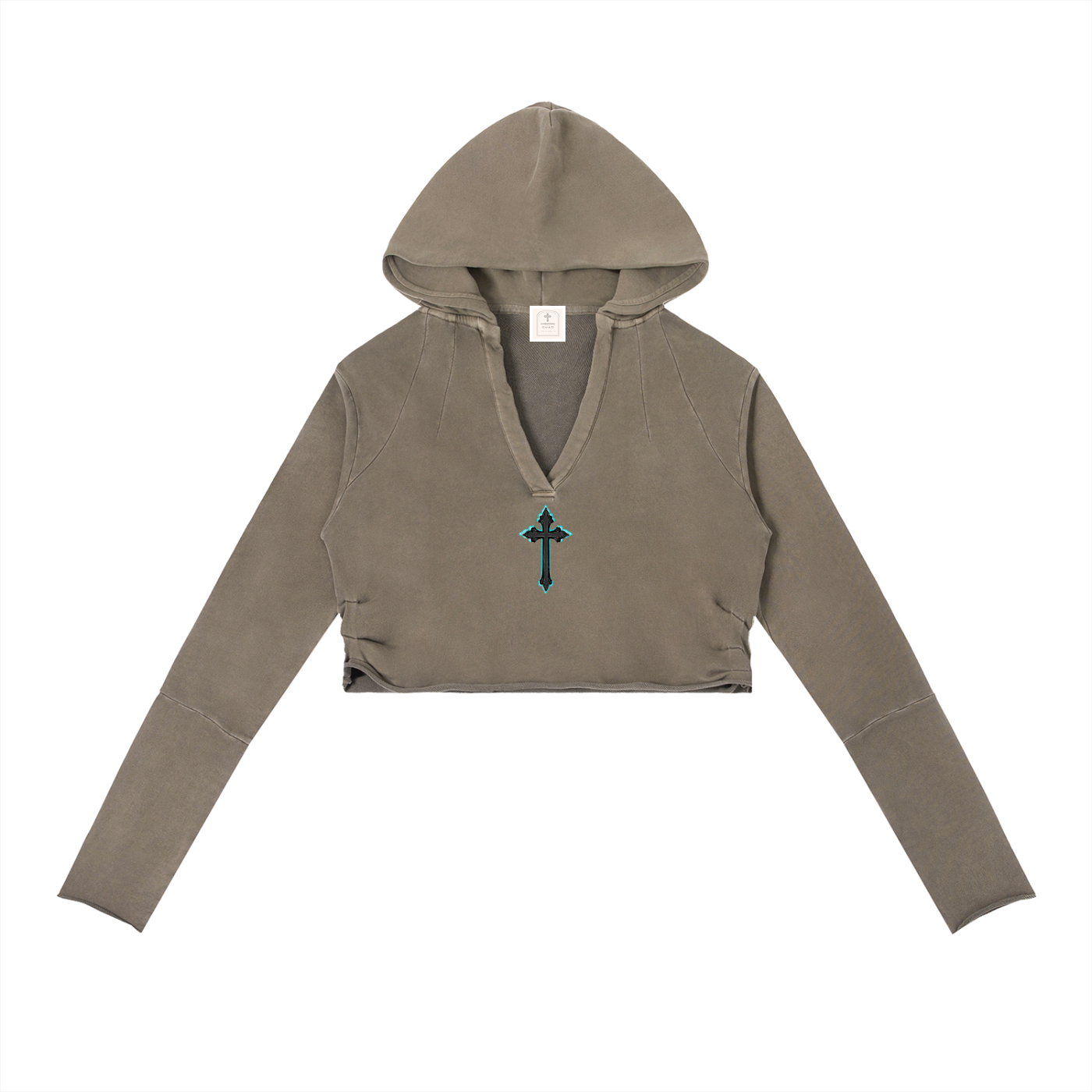 Vintage Washed Raw Edge Hoodie Cyan Cross