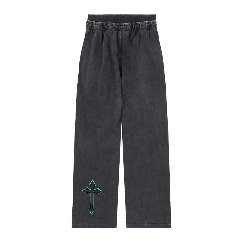Comfy Vintage Washed Waist Pants with Cyan Cross