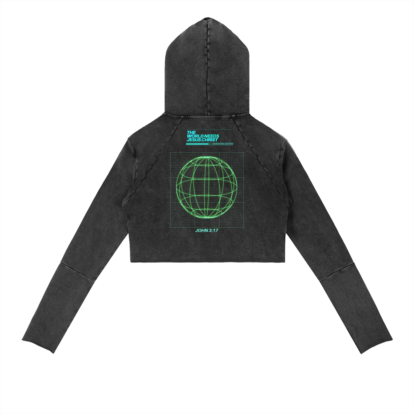 Vintage Washed Raw Edge Hoodie Cyan Cross