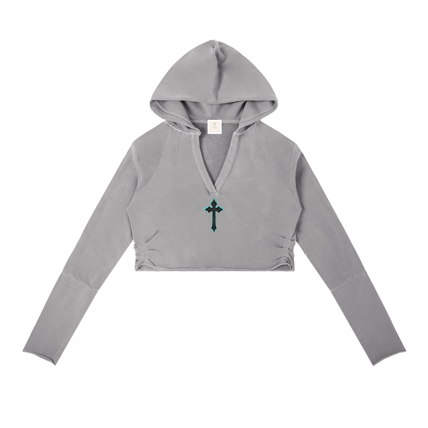 Vintage Washed Raw Edge Hoodie Cyan Cross