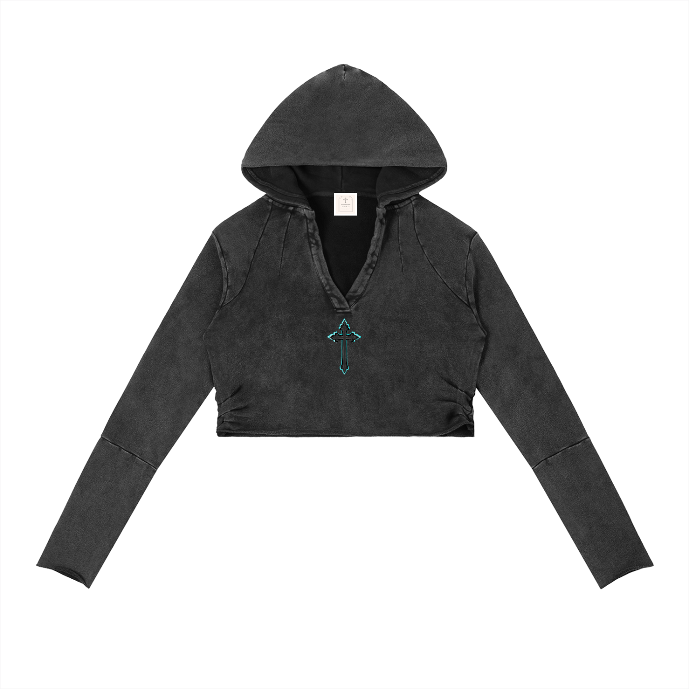 Vintage Washed Raw Edge Hoodie Cyan Cross