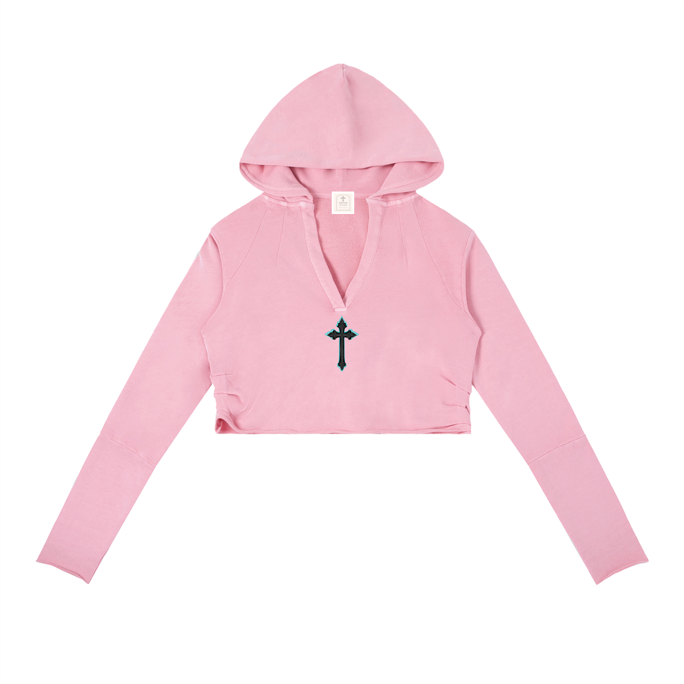 Vintage Washed Raw Edge Hoodie Cyan Cross